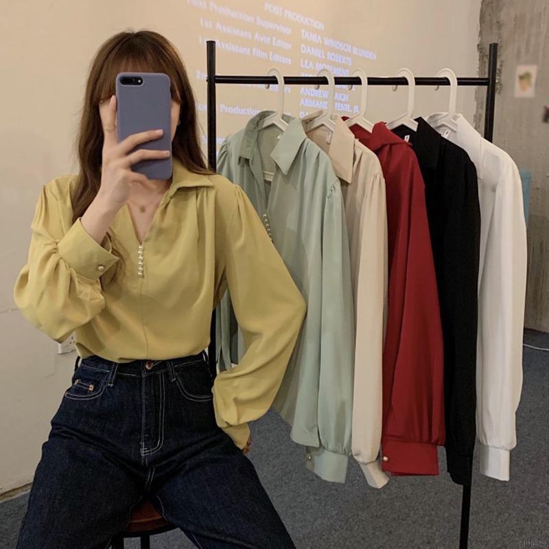 Áo Sơ Mi Nữ Tay Dài Cổ Chữ V Màu Trơn Phong Cách Hàn Quốc
