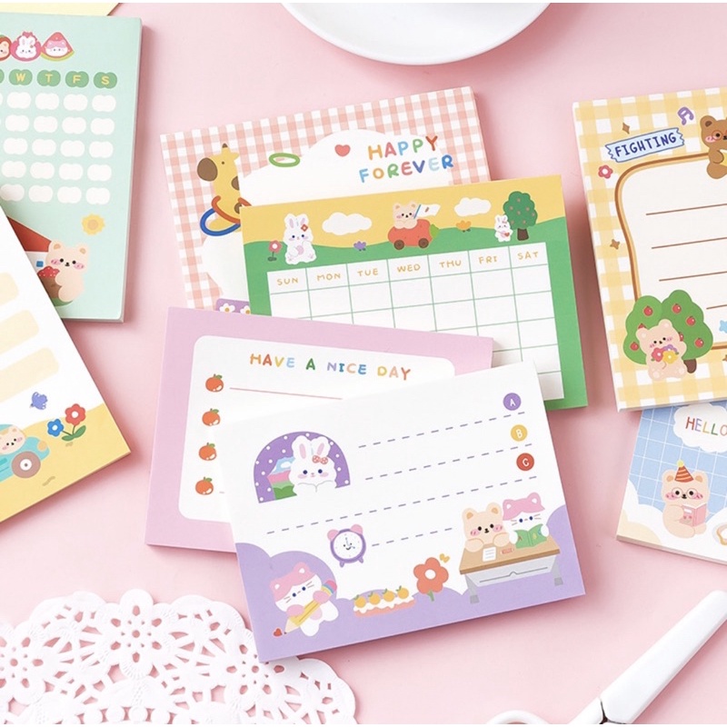 Giấy note cute/Giấy note 50 tờ ghi chú chủ đề gấu thỏ mèo dễ thương trang trí sổ bullet journal Hàn Quốc Tẻn Tẻn