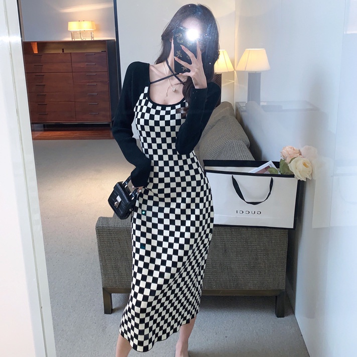 Váy cổ vuông caro🌼NaNo Studio🌼 Đầm dài 2021 mùa hè thắt dây độc đáo | BigBuy360 - bigbuy360.vn