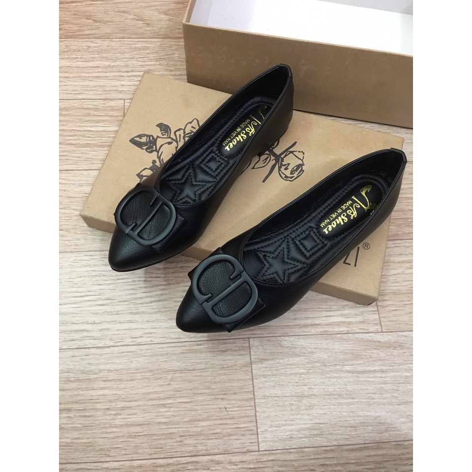 Giày búp bê mũi nhọn da mềm phối khóa êm chân mã B64