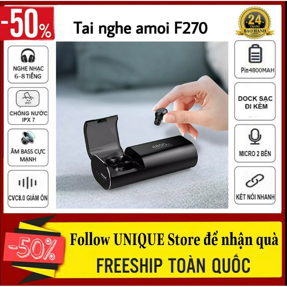 Tai Nghe Bluetooth 5.0 Amoi F270 PRO TWS NÚT BẤM - Cốc Sạc Kiêm Sạc Dự Phòng Cho Điện Thoại Chống Nước IPX5