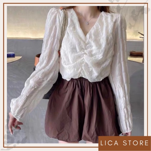 Áo sơ mi kiểu nữ cổ V nhún ngực siêu mềm mịn hottrend đẹp Hàn Quốc ( có set) LICA - S03