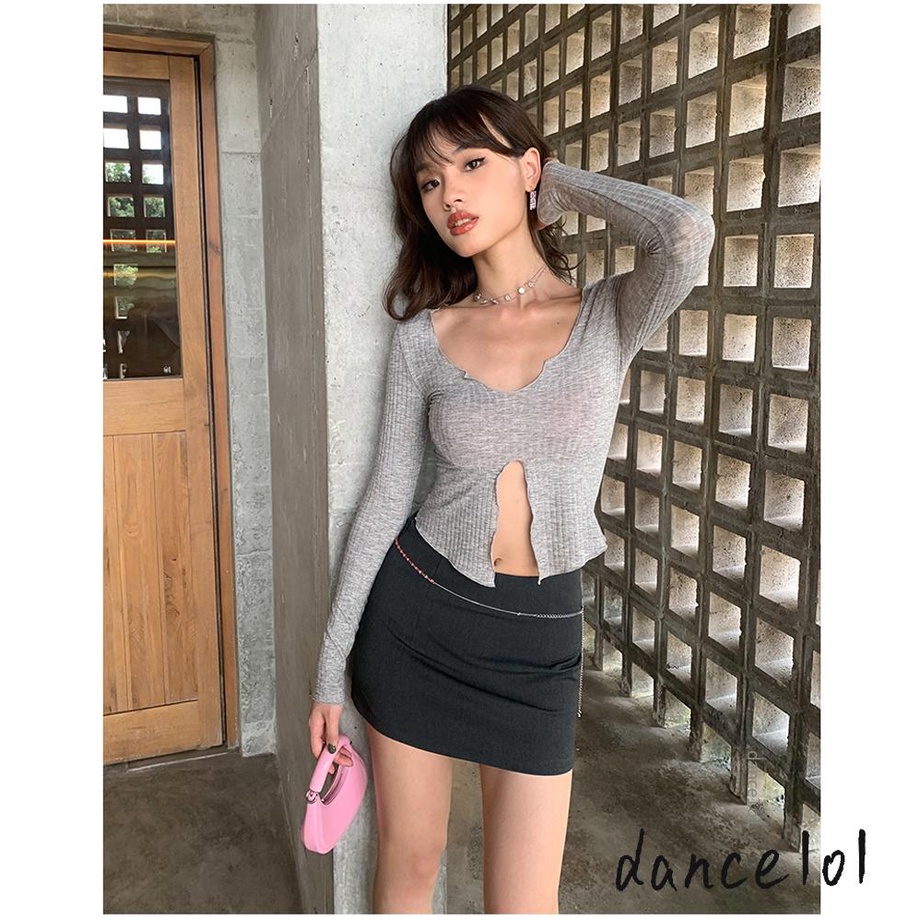 Áo Croptop Tay Dài Màu Trơn Thiết Kế Đơn Giản 1O1