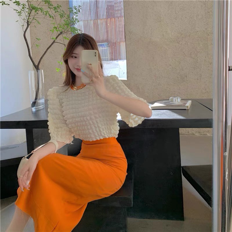 Áo Len Nữ Cộc Tay Dáng Ngắn Hàn Quốc, Áo Len Nữ Ulzzang Hàn Quốc Kiểu Tay Phồng Hạt Nổi Sang Chảnh
