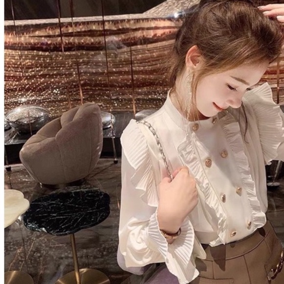 Áo sơ mi trắng nữ dài tay thiết kế cổ tàu phối bèo vói 2 hàng cúc sang chảnh lịch sự - A240