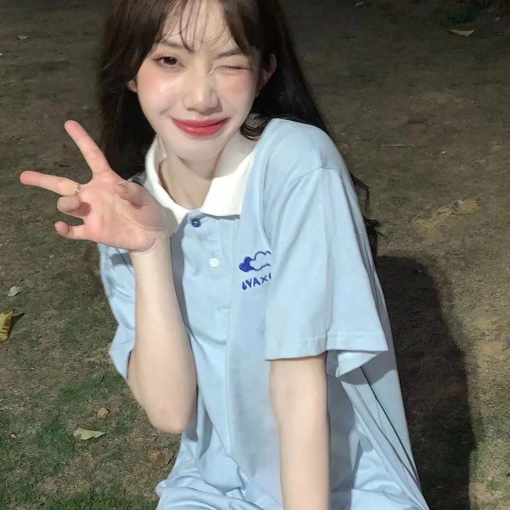 Korean style retro College Style young polo collar cloud loose short-sleeved T-shirt women's ins half-sleeved T-shirt student fashion