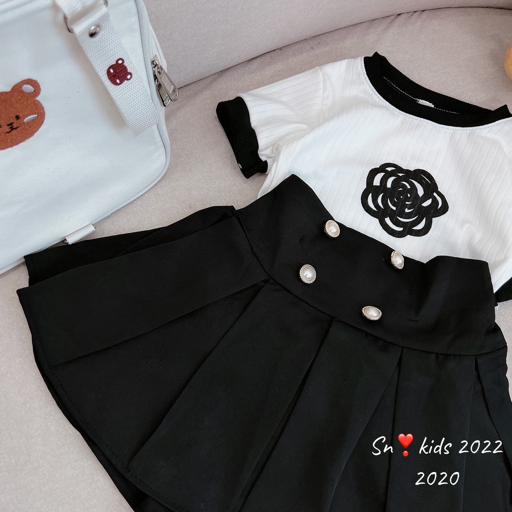 Sét váy tiểu thư cho bé gái, set áo tăm đũa hoa trà đen phối chân váy xòe xếp ly ( có lớp lót) cho bé sz 10-32kg