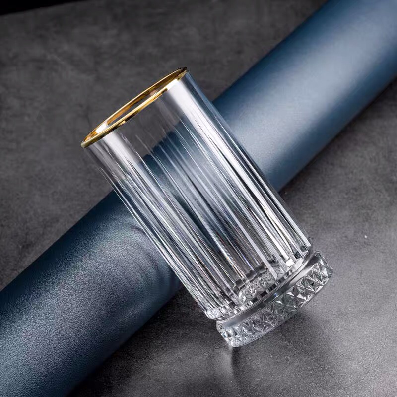 Ly Thủy Tinh Cường Lực  Vân Sọc Đế Kim Cương Miệng Ly Mạ Vàng 450ml Sang Trọng.Cốc Uống Sinh Tố Đẹp