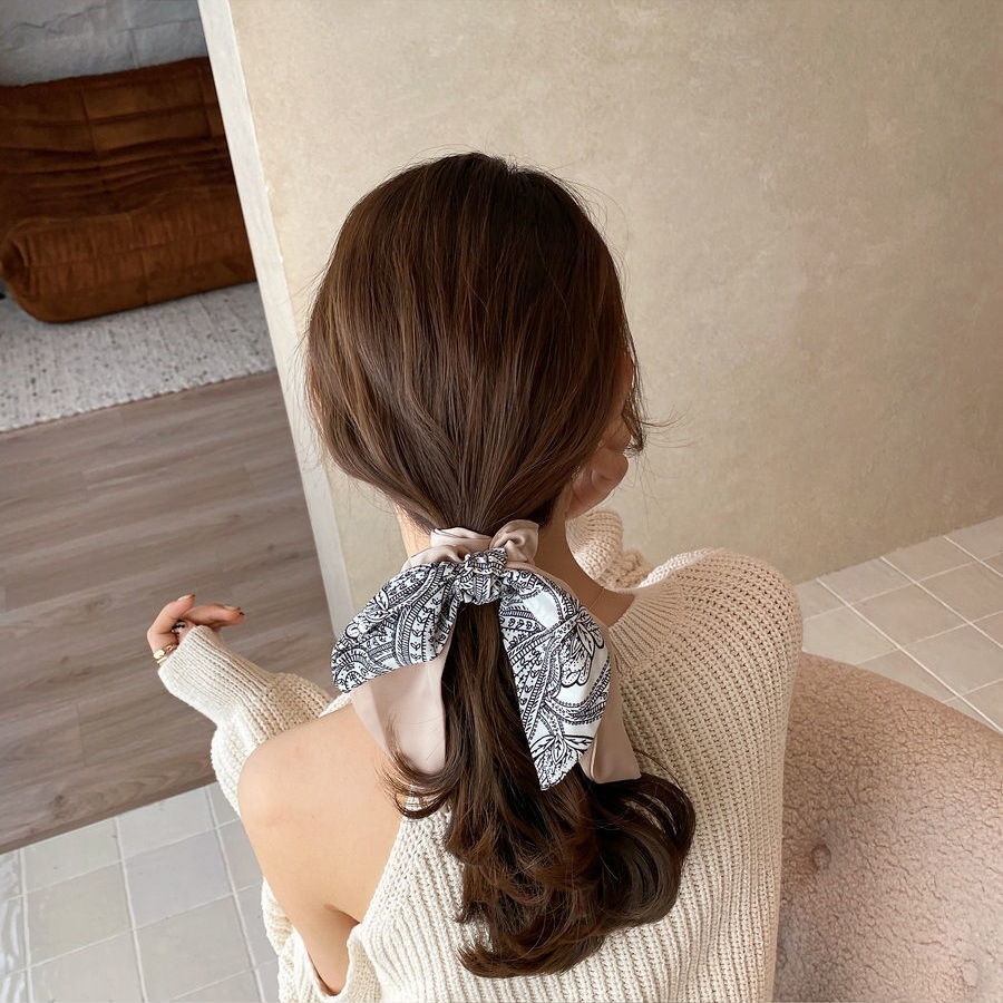 Cột tóc scrunchies vải trơn bóng họa tiết cổ điển thắt nơ S01