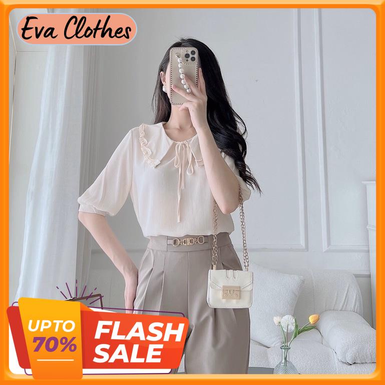 Áo sơ mi tay lỡ voan cổ đức gắn nơ dây trơn chất vải voan xước cao cấp thoáng mát EvaClothes