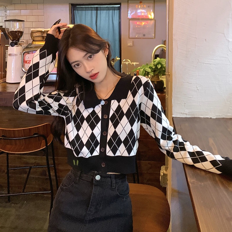 COZOK Áo Sweater Dệt Kim Cổ POLO Dáng Ngắn Kiểu Retro Thời Trang
