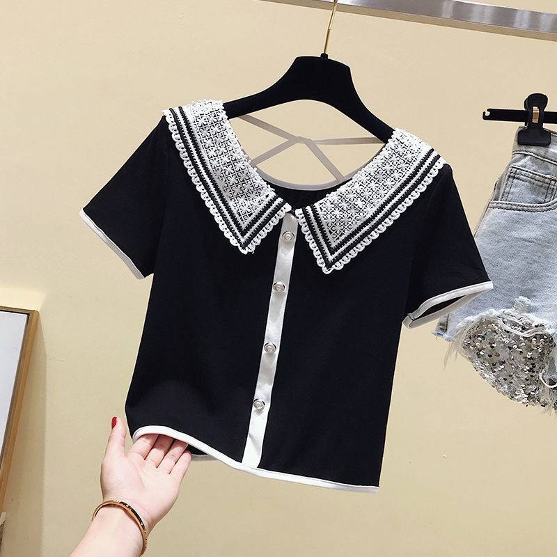 Black and white striped short-sleeved t-shirt women's lace doll collar slim slim cropped top