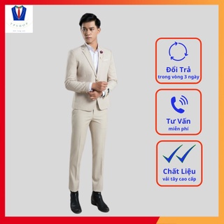 Bộ vest nam đẹp màu trắng kem 1 khuy  full size [Áo vest + Quần]