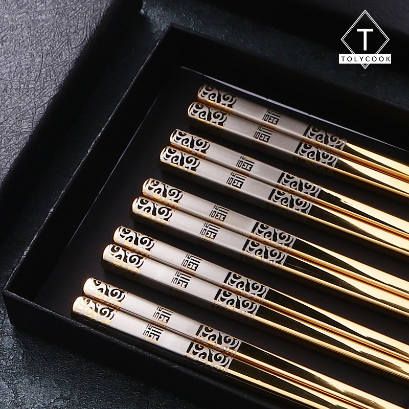 Hộp 5 Đôi Đũa Inox 304 nhật bản chống trơn trượt cao cấp mạ vàng mạ bạc sang trọng dùng trong gia đình