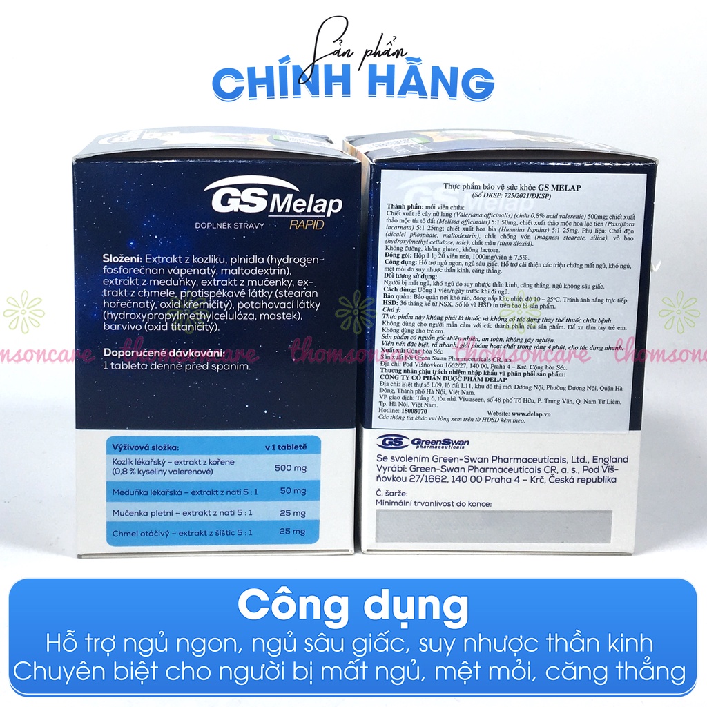Giảm mất ngủ GS Melap an thần từ thảo dược Lọ 20 viên giảm căng thẳng, lo âu, giúp ngủ sâu giấc
