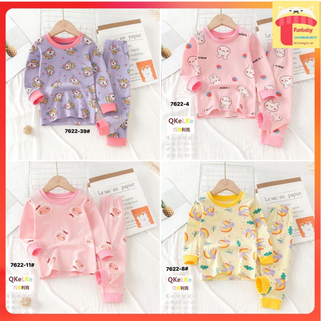 Bộ thu đông bé gái, Đồ bộ cotton cho bé 2-8 tuổi hàng Quảng Châu xuất Hàn hãng QiQi vải co giãn 4 chiều