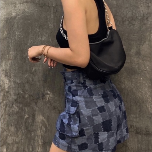 Chân váy jean nữ hoạ tiết ô vuông chắp vá