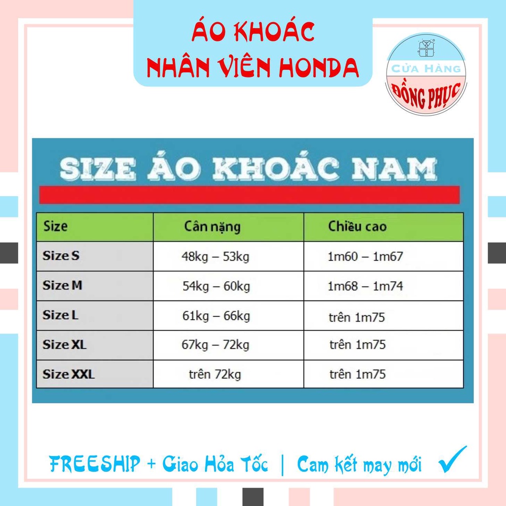 ÁO KHOÁC NHÂN VIÊN BÁN HÀNG HONDA NAM, ÁO KHOÁC HONDA, MẪU ĐÚNG CHUẨN CỦA HEAD, giá sỉ