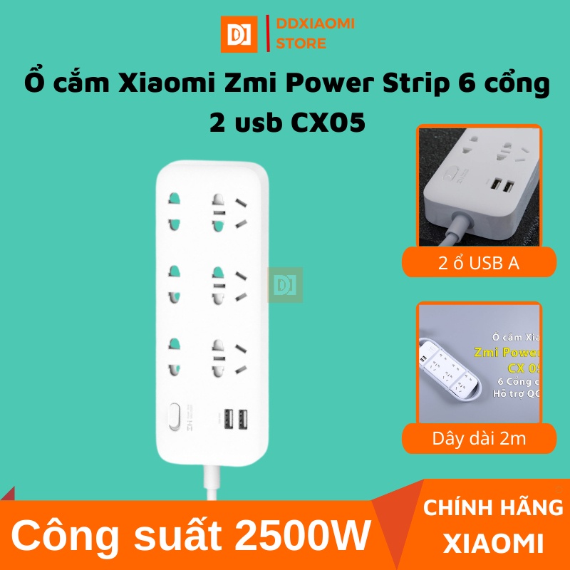 Ổ cắm Xiaomi Zmi Power Strip 6 cổng 2 usb CX05 - Tích hợp đa năng 6 đầu cắm cùng 2 cổng USB sạc - Hỗ trợ sạc nhanh