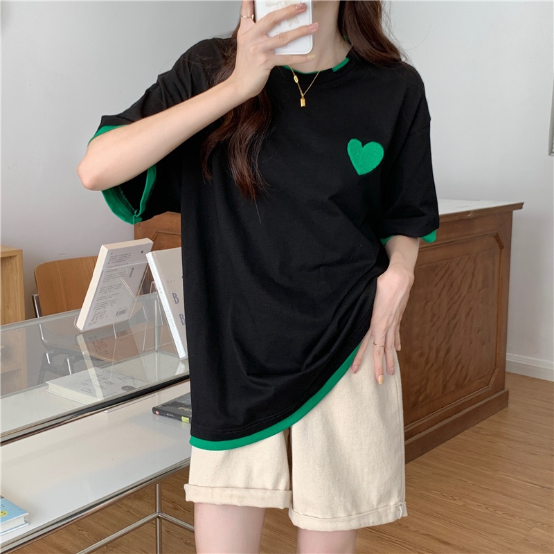 SUXI Summer Embroidery Simple Stitching All-match Street Style Round Neck Loose Casual Short Sleeve T-shirt Women