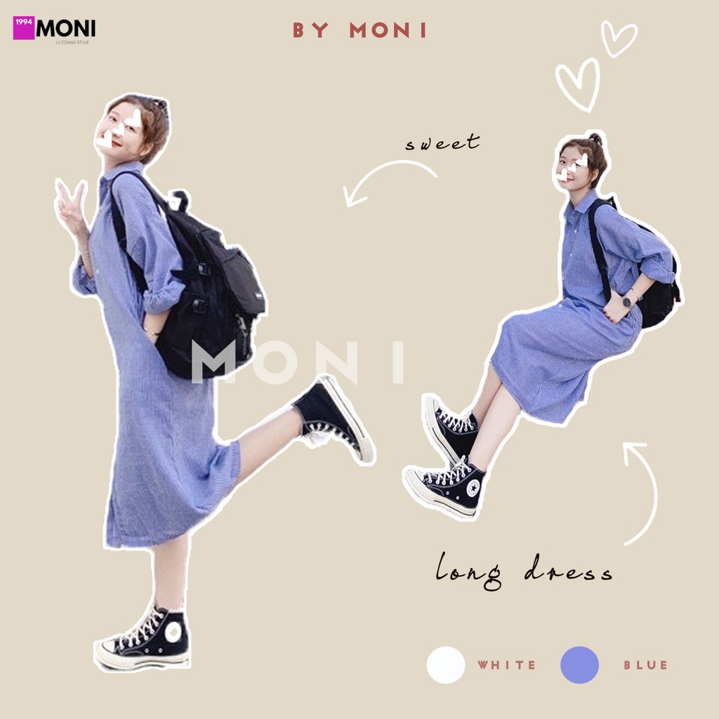 Đầm sơ mi kẻ sọc xanh dương dáng suông dài chất linen mát style Hàn Quốc D57