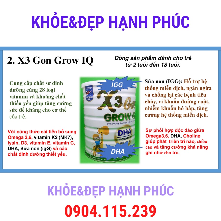 [ Date T9/24 ] Sữa x3 gon grow iq dinh dưỡng phát triển chiều cao, trí não – 900 gr/hộp