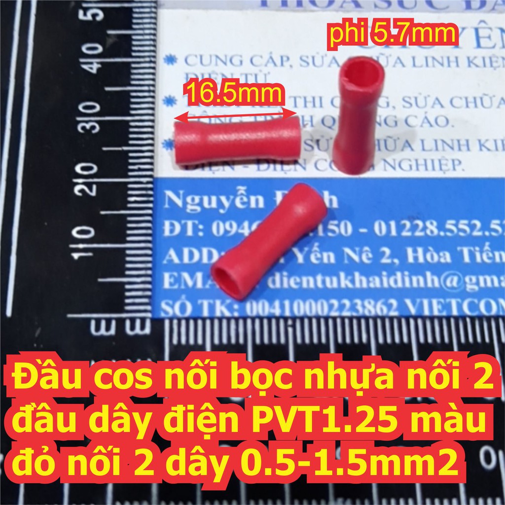 20 cái Đầu cos cosse nối bọc nhựa nối 2 đầu dây điện PVT1.25 màu đỏ nối 2 dây 0.5-1.5mm2 kde6848