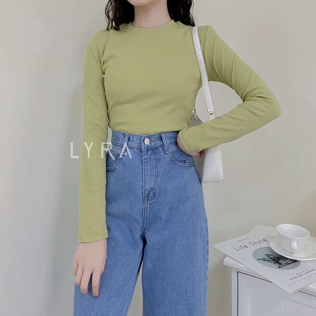 Áo thun tăm dài tay LYRA, thun basic cổ tròn trơn dáng croptop chất thun tăm dày ấm, xinh xắn-VSYAP0166