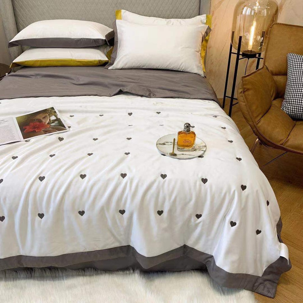 Bộ chăn chần hè - ga gối lụa tencel 60s thêu tim  thiên nhiên tơ cao cấp mát lạnh mềm mịn - ghi
