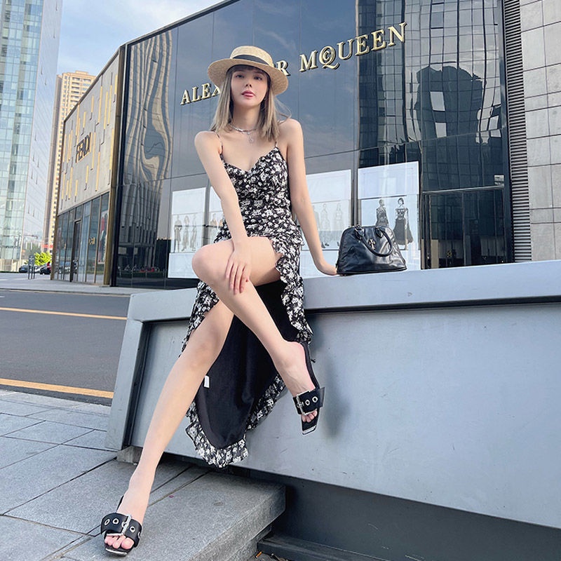 Đầm Hai Dây Eo Cao In Hoa Phong Cách retro Thời Trang Hàn Quốc