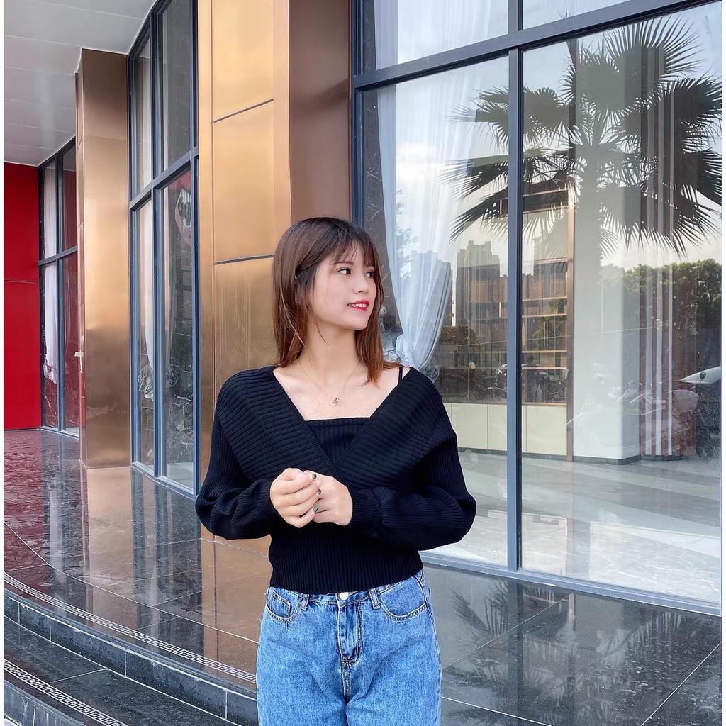 Áo Len Trễ Vai, Kiểu Áo Len Cổ V, Phong Cách Vintage Hàn Quốc, Chất Liệu Len Cao Cấp Co Dãn Tốt | BigBuy360 - bigbuy360.vn