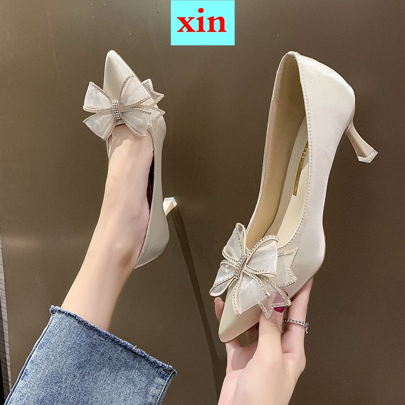 Giày cao gót nữ mũi nhọn đính nơ thời trang mùa thu 2021