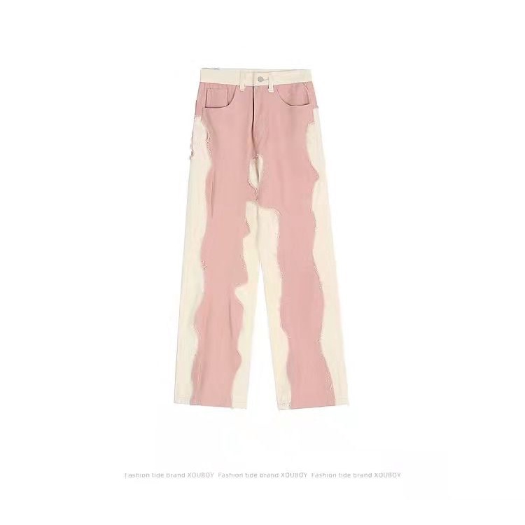 Japanese style retro stitching straight jeans women's design sense niche fashion brand street loose all-match wide leg casual pants