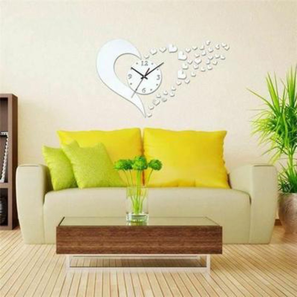 Đồng hồ kim kèm sticker gương 3D hình trái tim trang trí cho phòng khách