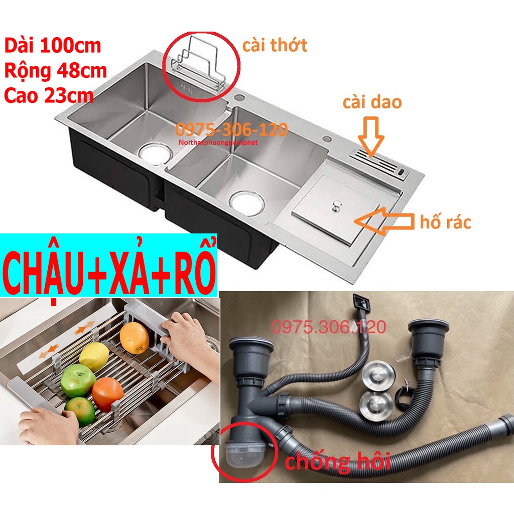 [CHẬU ĐÚC] Chậu Rửa Chén Bát INOX SUS 304 N3 10048 NA.GRAND và Rổ Rút Đa Năng và Bộ Xả Chậu