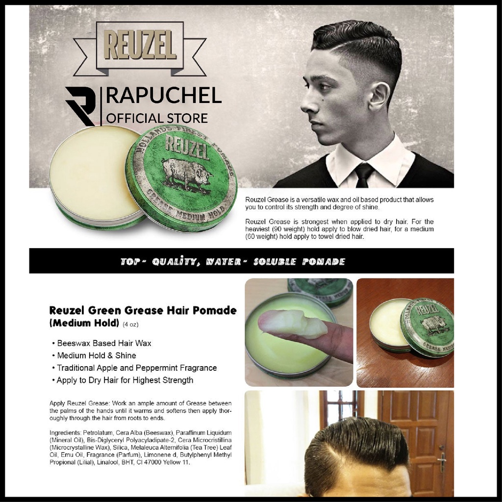 Sáp vuốt tóc nam Reuzel Green Pomade 113g  chính hãng giữ nếp cao cấp Rapuchel Store RG01