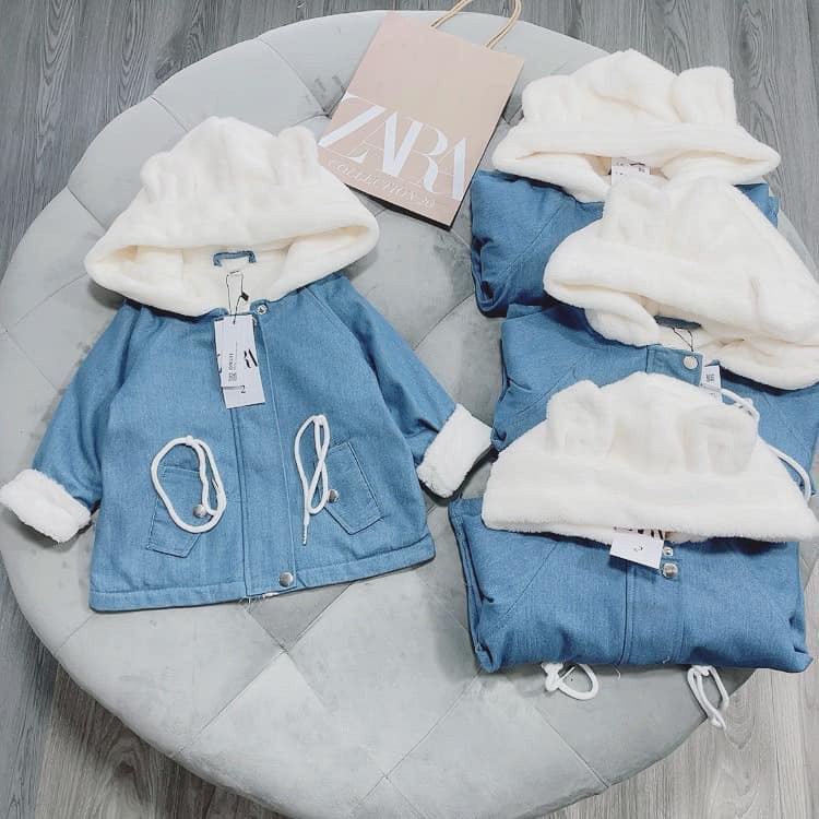 Áo khoác cho bé trai gái jean bò lót lông tai gấu siêu ấm trai gái thời trang trẻ em BADAYO AQ55522G