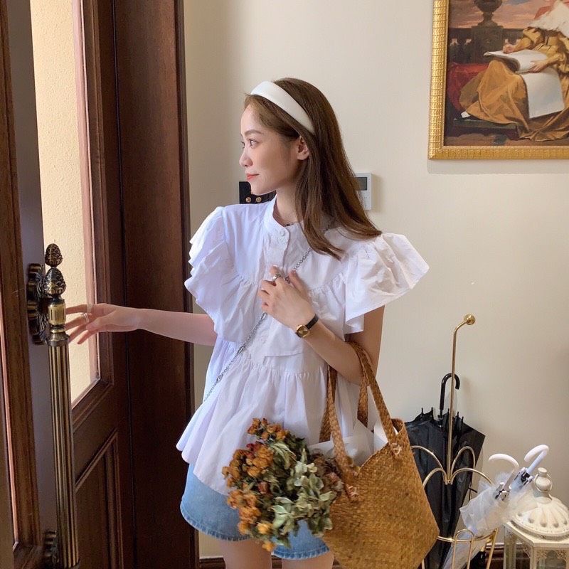 Áo Sơ Bèo Vai Sát Nách Màu Trắng Phong Cách Hàn Quốc