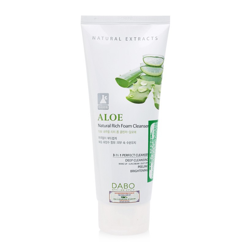 Sữa Rửa Mặt Dabo Lô Hội 3-in-1 Aloe Natural Rich Foam Cleanser 180ml sạch da, dưỡng ẩm, làm trắng, sạch mụn