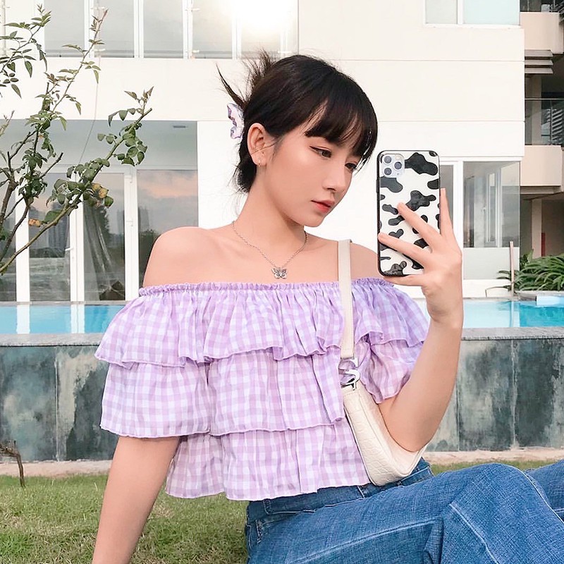 Áo trễ vai 3 tầng tím tingoan BOY BYE OFF/PP | BigBuy360 - bigbuy360.vn