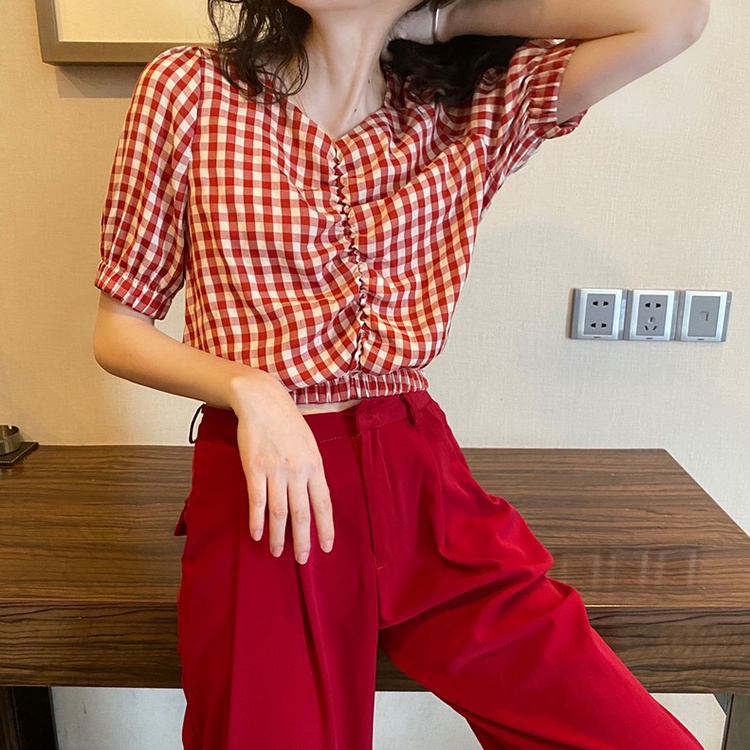 Áo bánh bèo nữ croptop caro kẻ đỏ, xanh, áo kiểu nữ tay phồng rút dây du lịch đi chơi Hàn Quốc