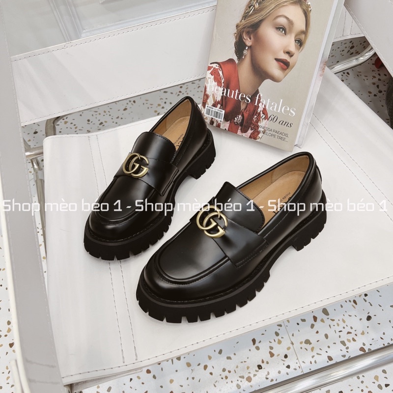 Giày moca gc mũi tròn đai logo ngang đế cao fullbox