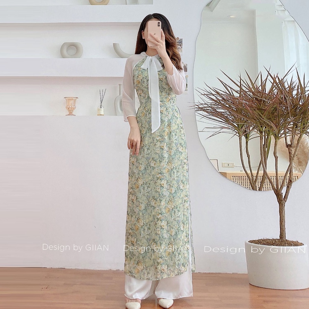Áo dài cách tân hoa nhí cổ nơ thiết kế chính hãng GIIAN, áo dài tay voan nữ tính - AD252