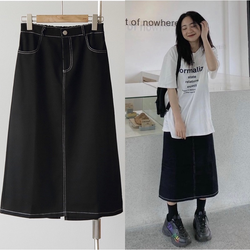 Chân váy jeans kaki ulzzang cạp chun - chân váy bò dáng midi lưng cao hàn quốc màu đen chỉ nổi 8804