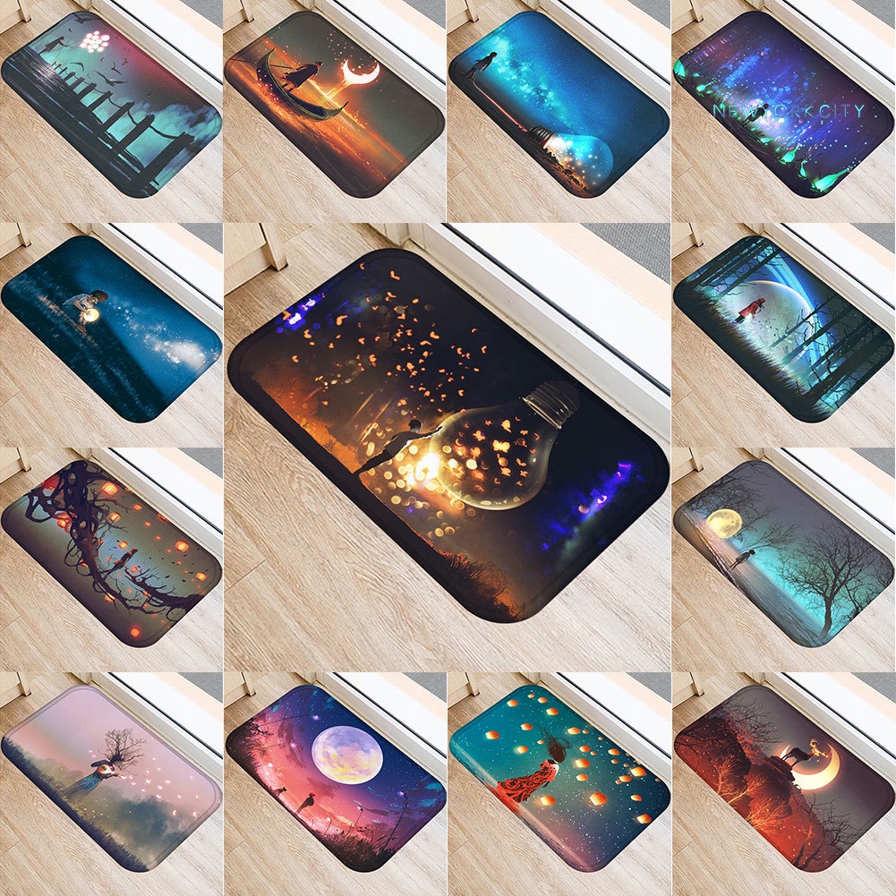 Thảm lót cửa chùi chân Chống Trượt Họa Tiết Phong Cảnh Đêm Hoạt Hình