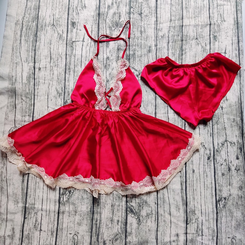 Váy ngủ sexy 🎀𝗙𝗿𝗲𝗲 𝗦𝗵𝗶𝗽🎀 munmunstore  váy yếm + quần - đồ ngủ lụa satin phối ren sang trọng (phom dưới 60kg)