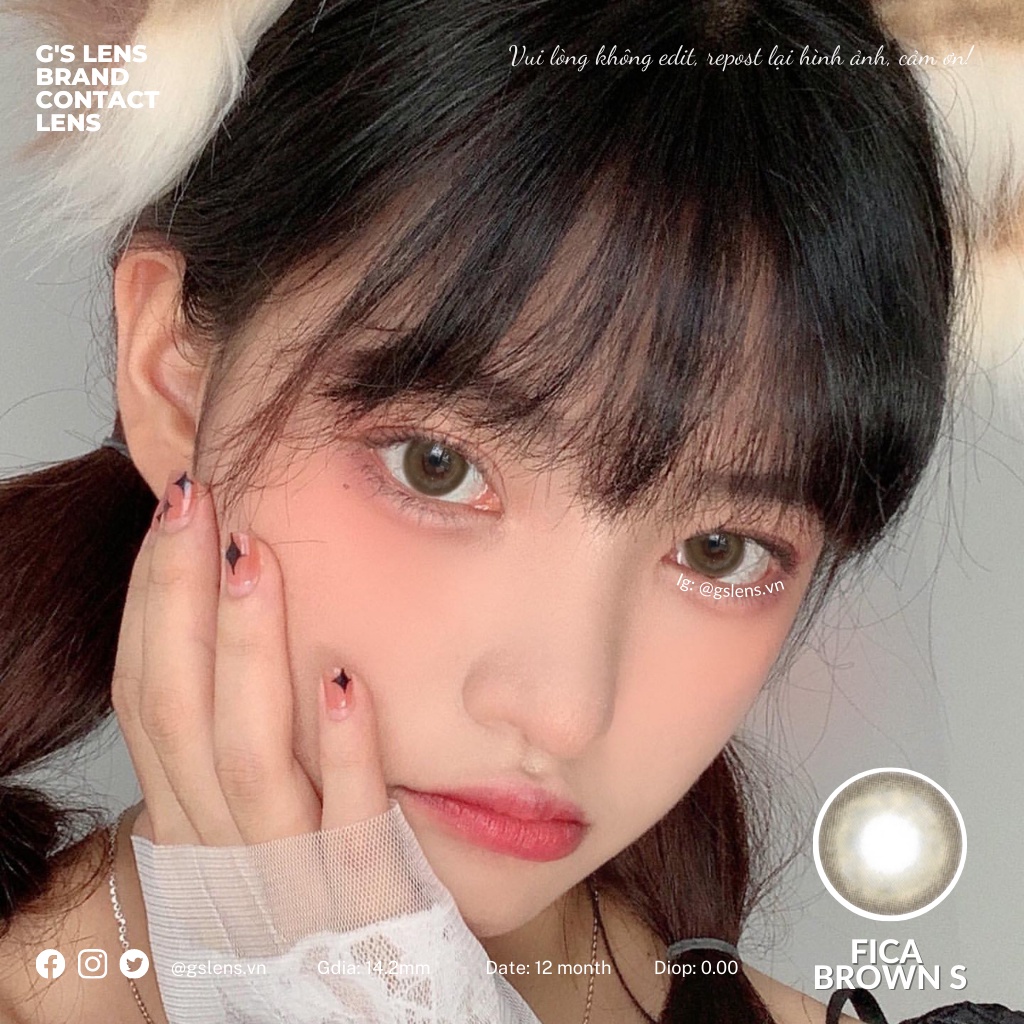 Lens Mắt Kính Áp Tròng Màu Nâu Tự Nhiên FICA BROWN Giãn Ít Size S 14.2mm Có 0 Đến 7 Độ Lệch Độ