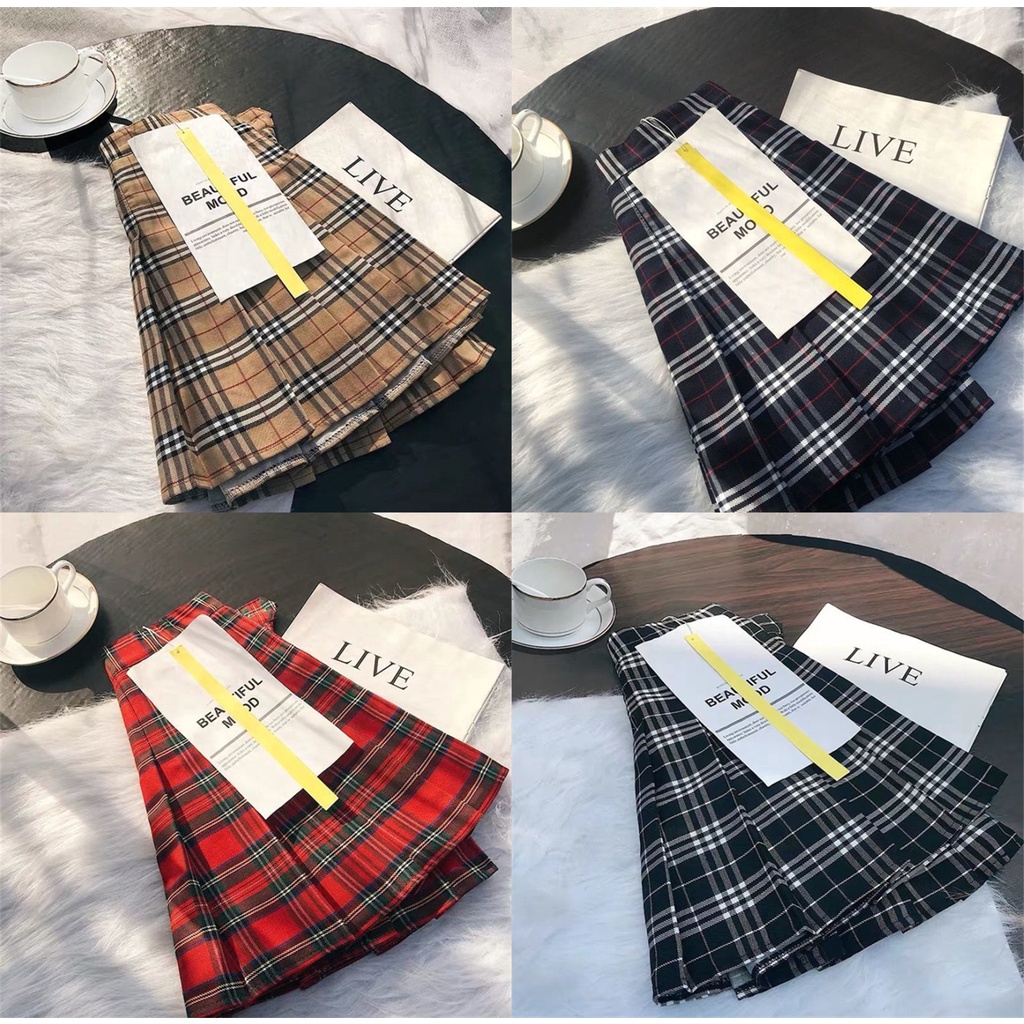 Chân váy dáng chữ A lưng cao xếp ly họa tiết sọc ca rô trẻ trung thời trang