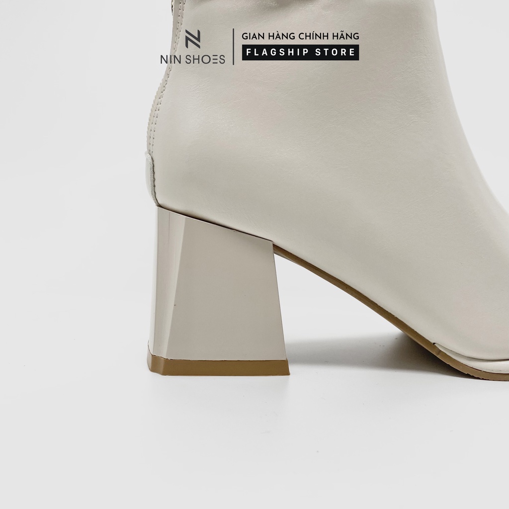 Giày Boot nữ 5p gót vuông khóa giả kéo khóa hông da si cổ thấp Ninshoes | BigBuy360 - bigbuy360.vn