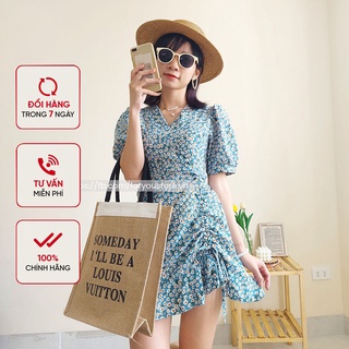 Váy hoa nhí cổ V đuôi cá dây rút xanh
